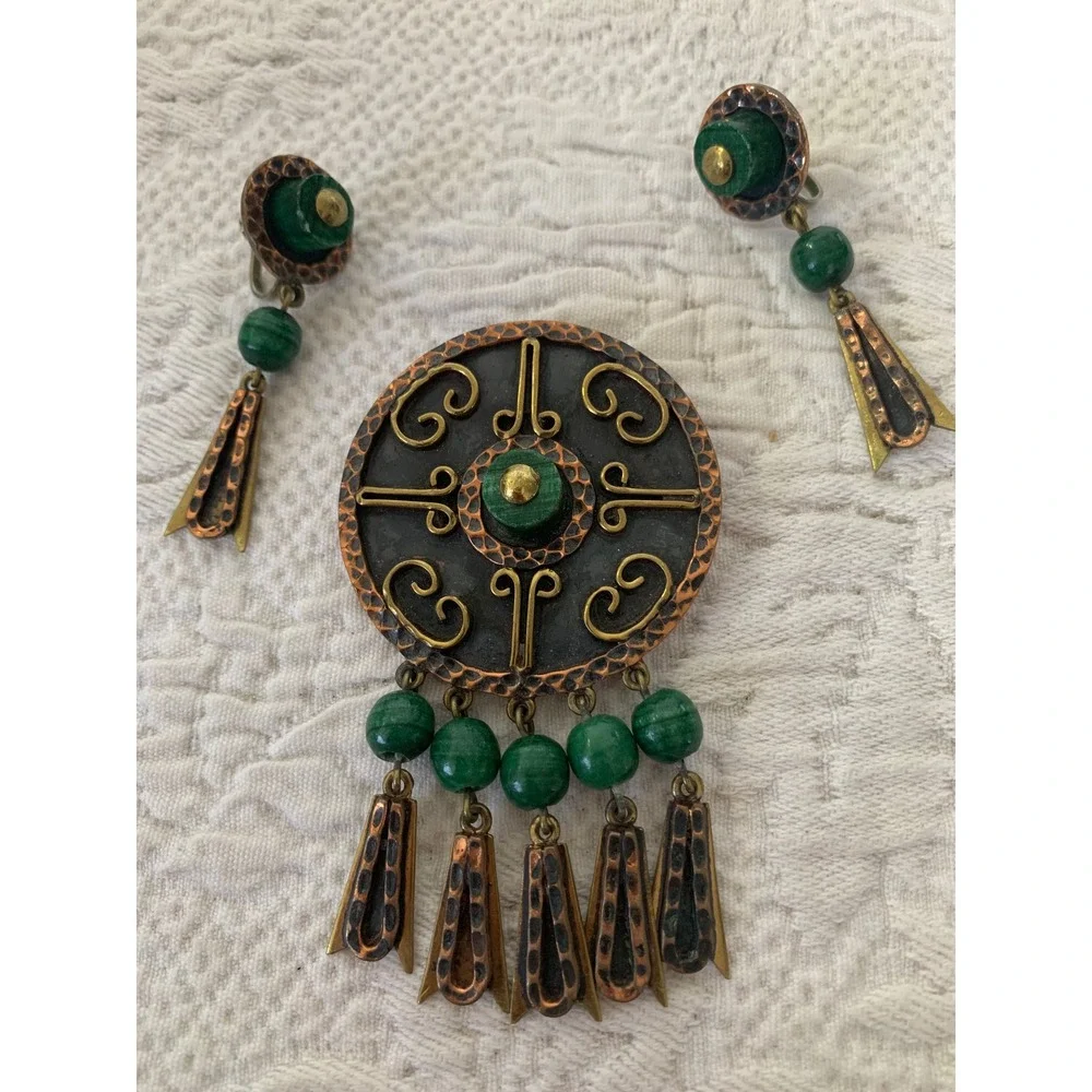 Vintage Mexico Mixed Metal Copper Malachite Brooch Pendant and Earrings Set‎